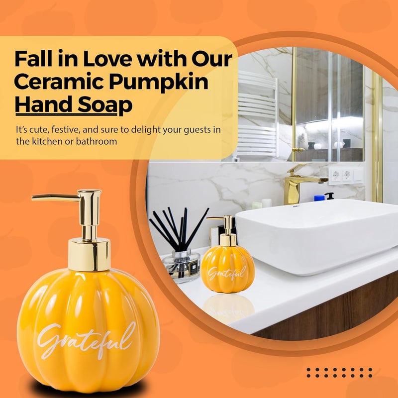 simple pleasures Grateful Pumpkin Spice Scented Liquid Hand Soap Dispenser - Autumn & Halloween Ceramic Novelty Decorative Refillable Hand Pump for Kitchen Countertops and Bathroom Sinks - Image 2